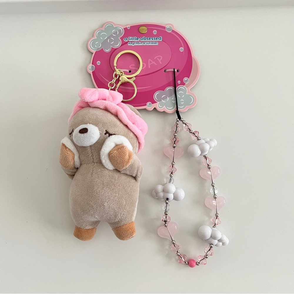 Cute Pink Teddy Bear Plush Keychain Charm and Beads Wristlet